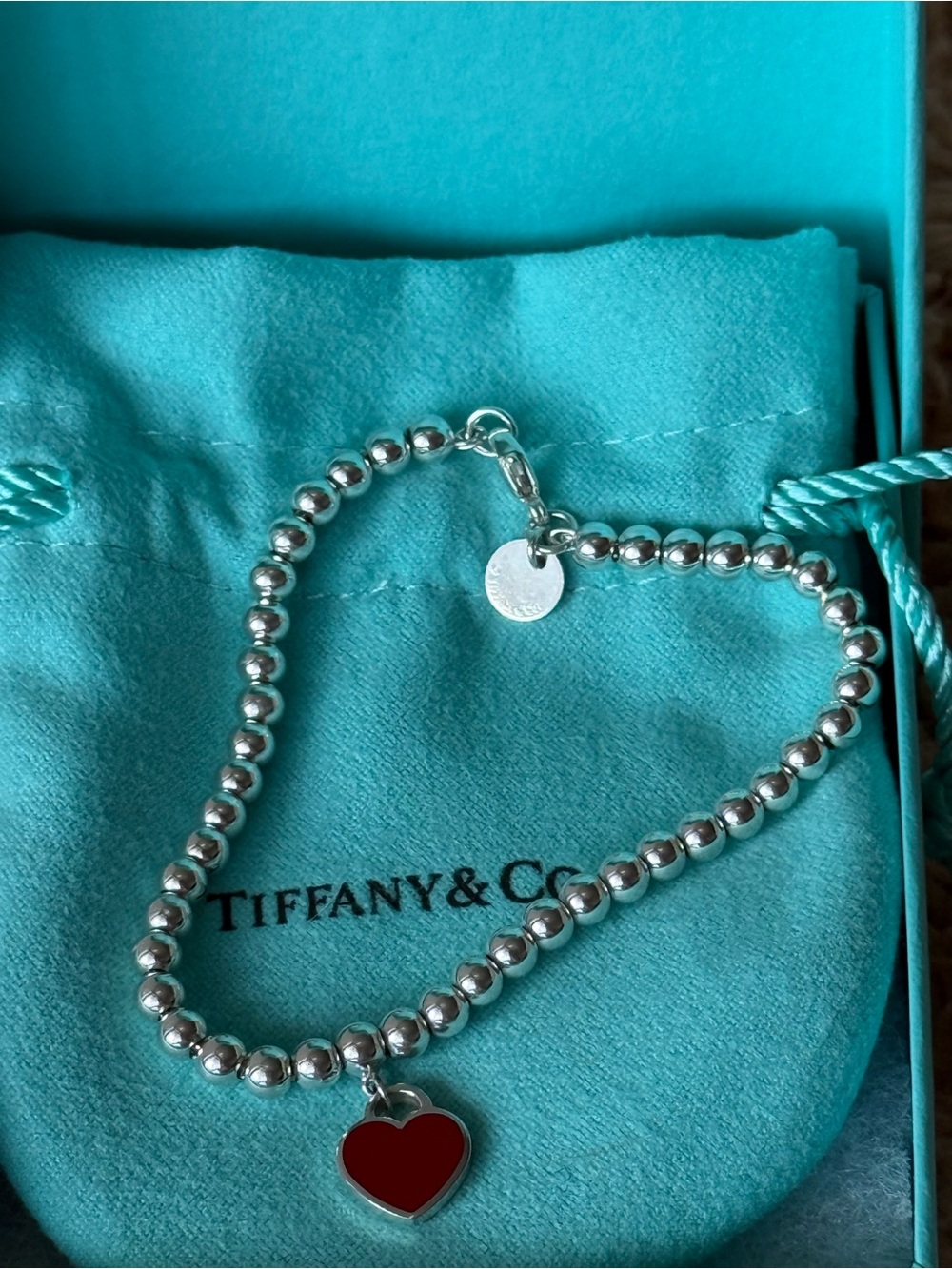 Tiffany & Co Brand New Red Mini Heart Bead Bracelet in Silver with a Diamond